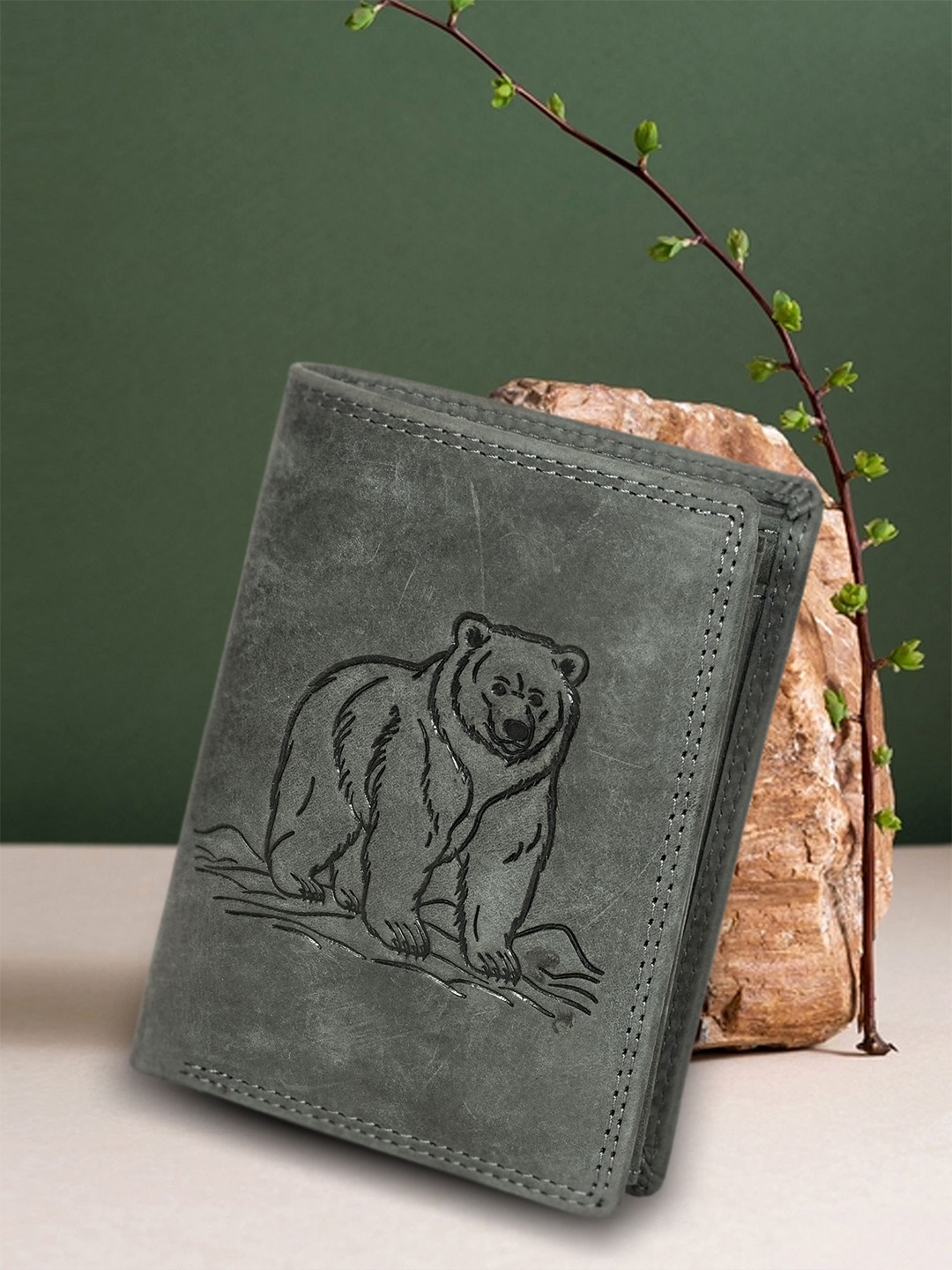 

Sassora Men Animal Embossed Leather Two Fold Wallet, Grey