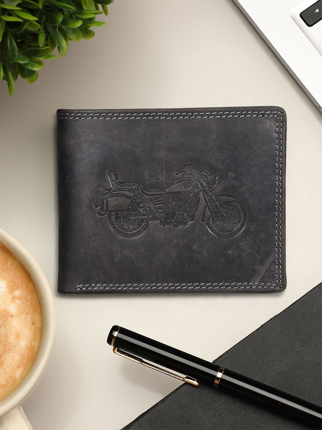 

Sassora Men Printed Embellished Leather Two Fold Wallet, Black