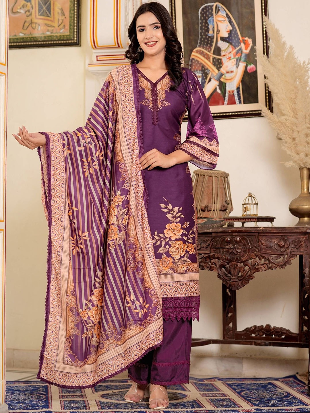 

Vbuyz Floral Printed Gotta Patti Muslin Pakistani Style Kurta with Palazzos & Dupatta, Purple