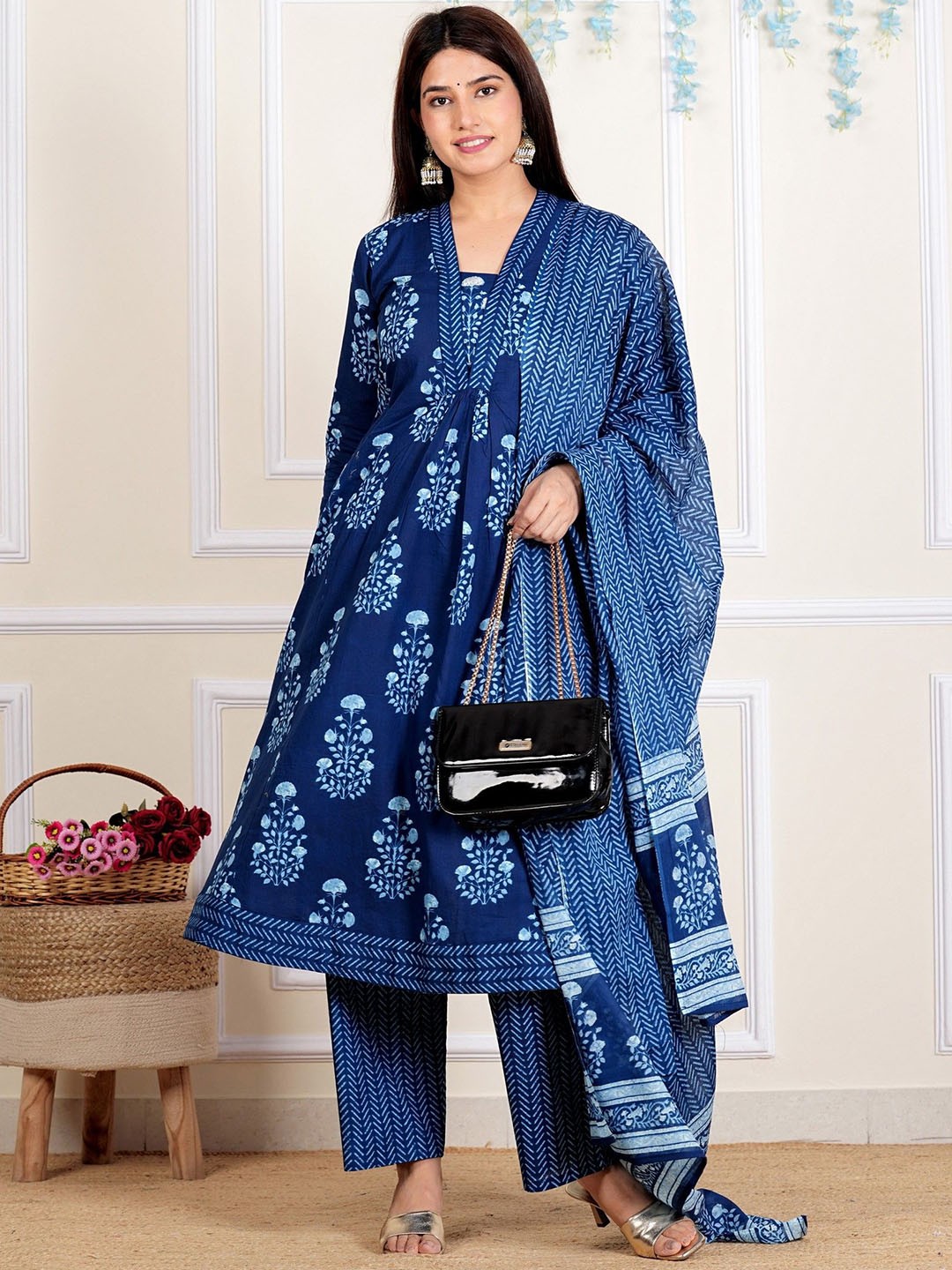 

Vbuyz Floral Printed Pleated A-Line Kurta with Trousers & Dupatta, Blue