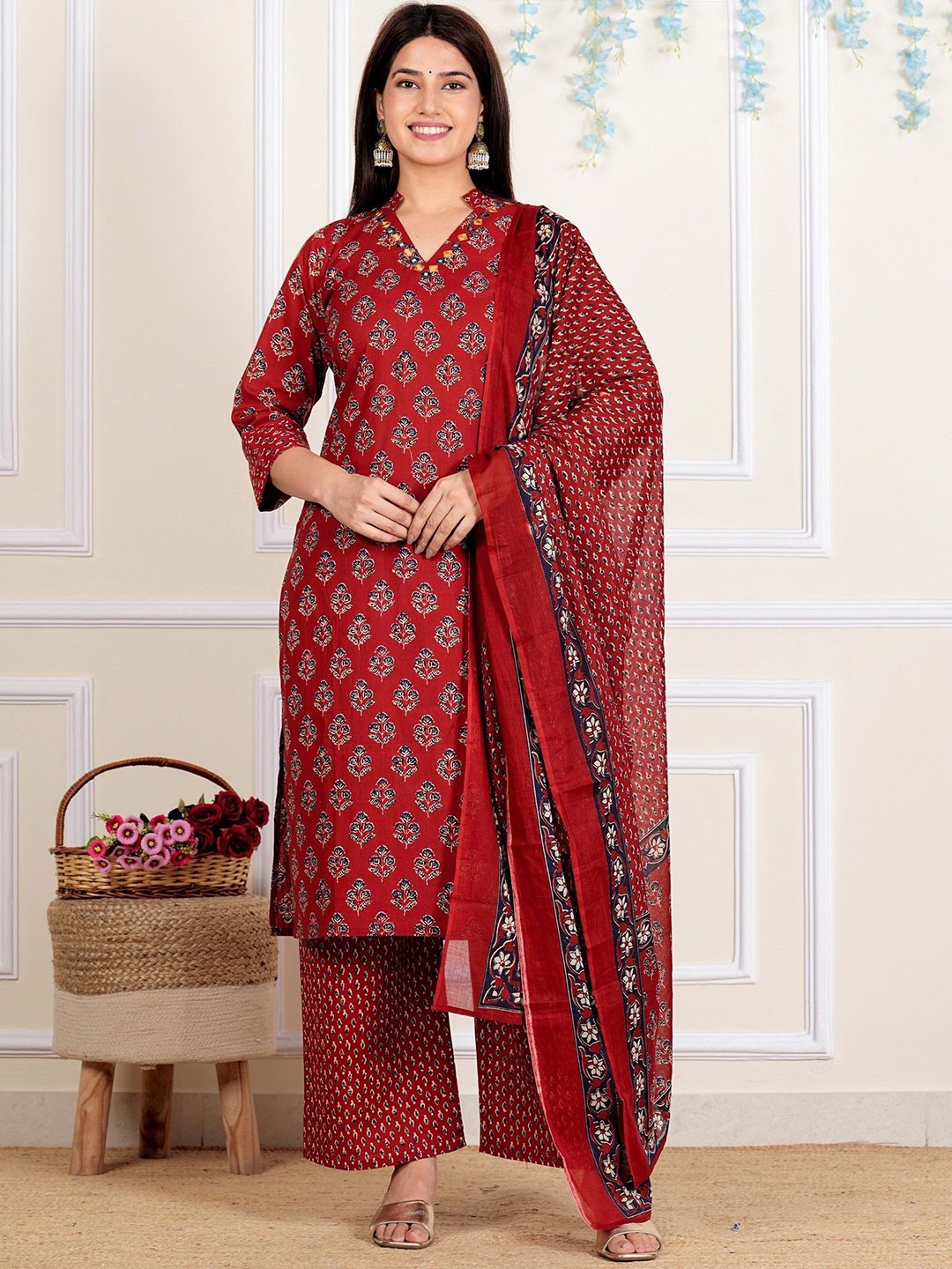 

Vbuyz Floral Printed Mirror Work Straight Kurta with Palazzos & Dupatta, Maroon