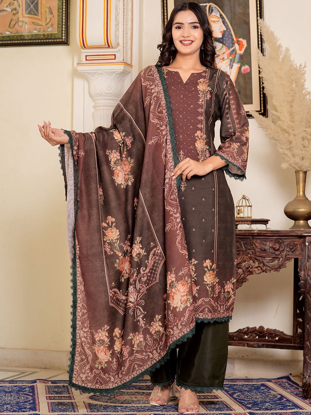 

Vbuyz Floral Printed Gotta Patti Muslin Pakistani Style Kurta with Palazzos & Dupatta, Brown