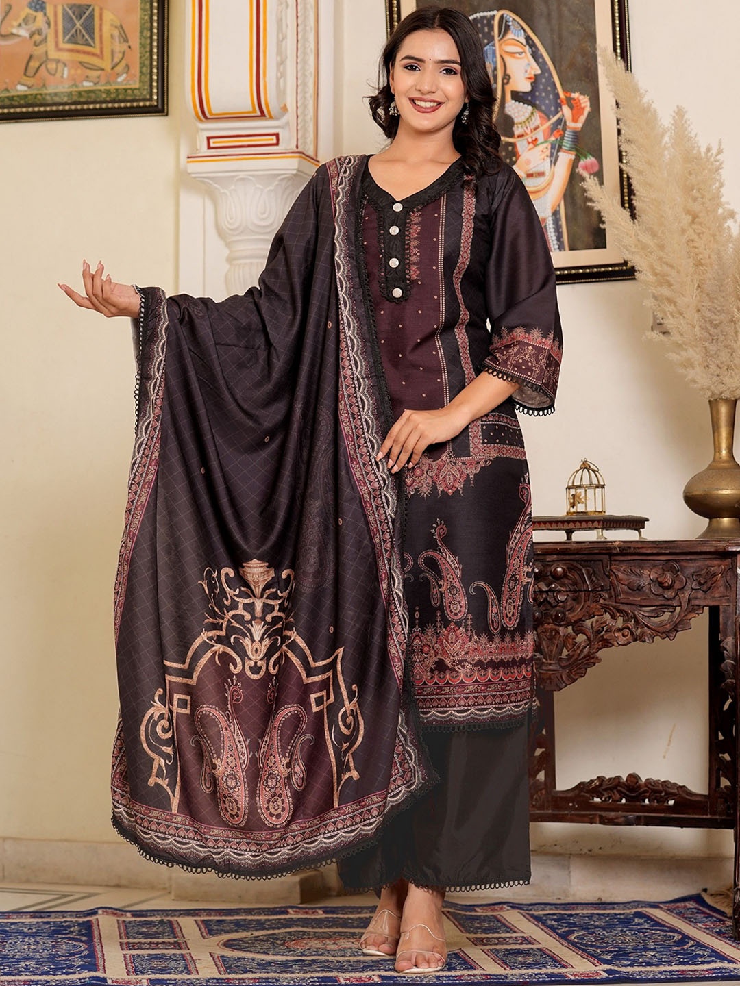 

Vbuyz Paisley Printed Gotta Patti Muslin Pakistani Style Kurta with Palazzos & Dupatta, Black