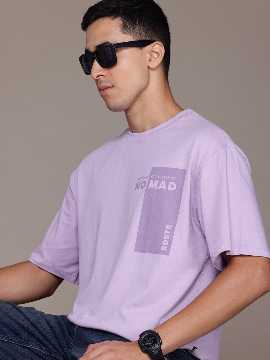 

The Roadster Lifestyle Co. Typography Printed Drop-Shoulder Sleeves Pure Cotton T-shirt, Lavender