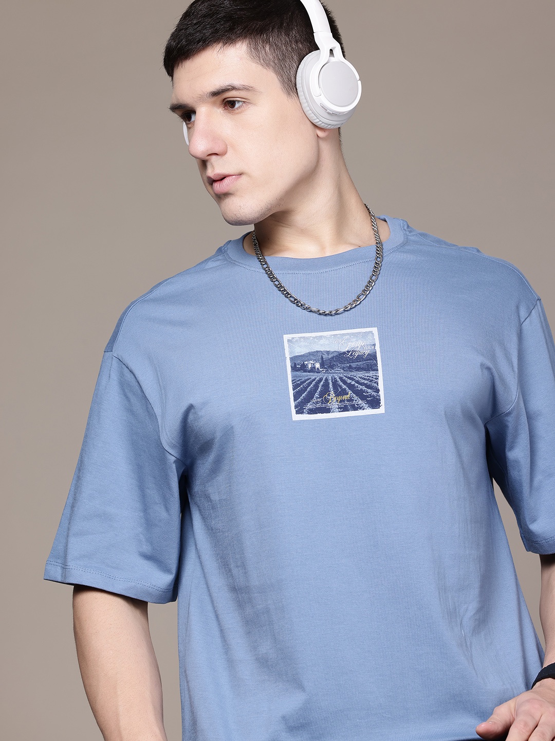 

The Roadster Lifestyle Co. Graphic Print Drop-Shoulder Sleeves Pure Cotton T-shirt, Blue