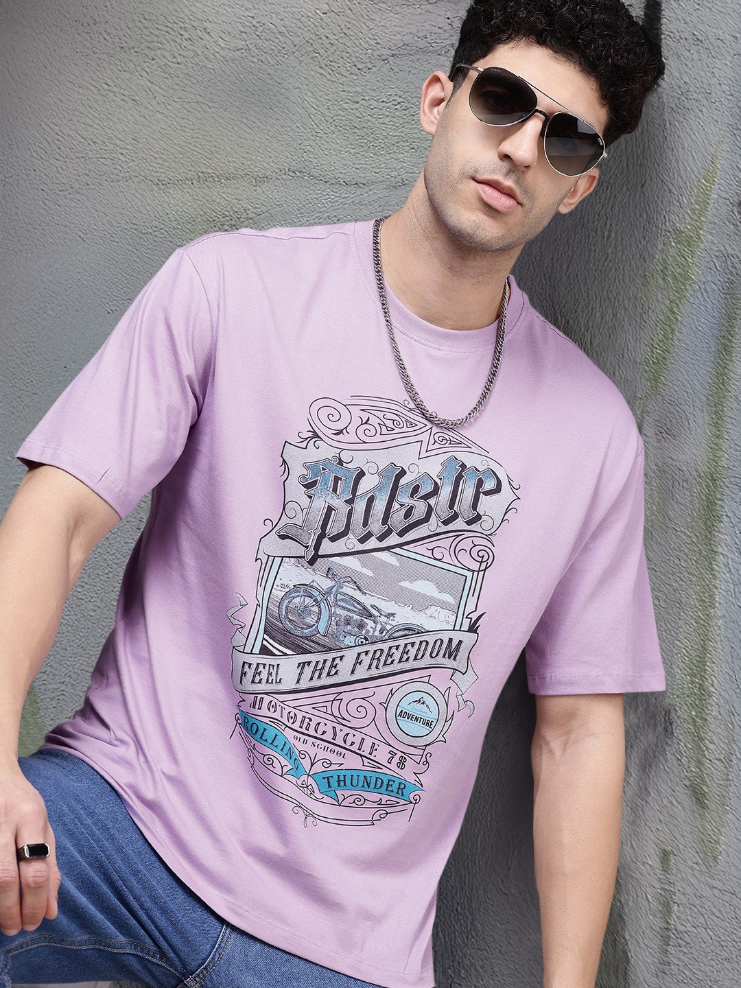 

The Roadster Life Co. Printed Relaxed Fit Pure Cotton T-shirt, Lavender
