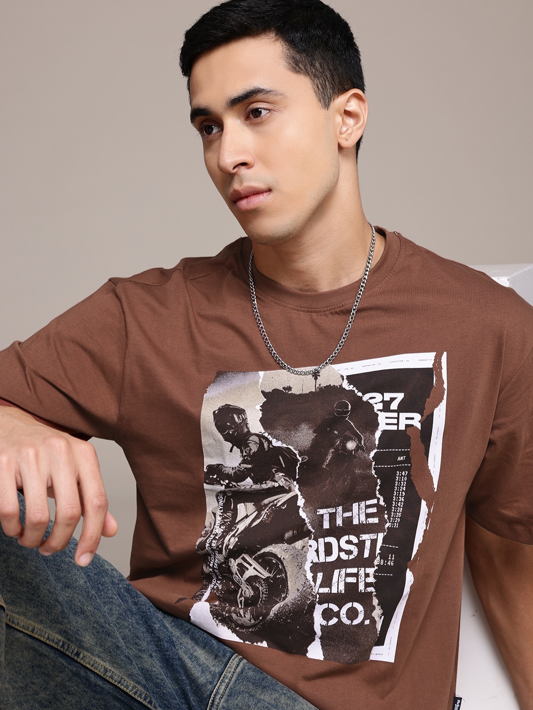 

The Roadster Lifestyle Co. Printed Relaxed Fit Pure Cotton T-shirt, Brown