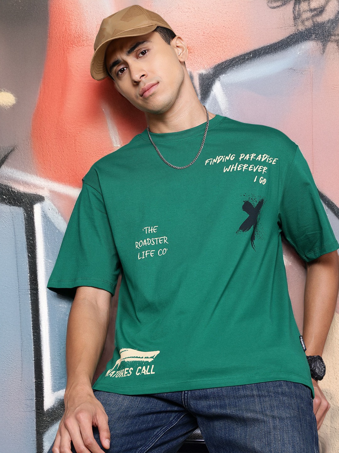 

The Roadster Lifestyle Co. Typography Print Relaxed Fit Pure Cotton T-shirt, Green
