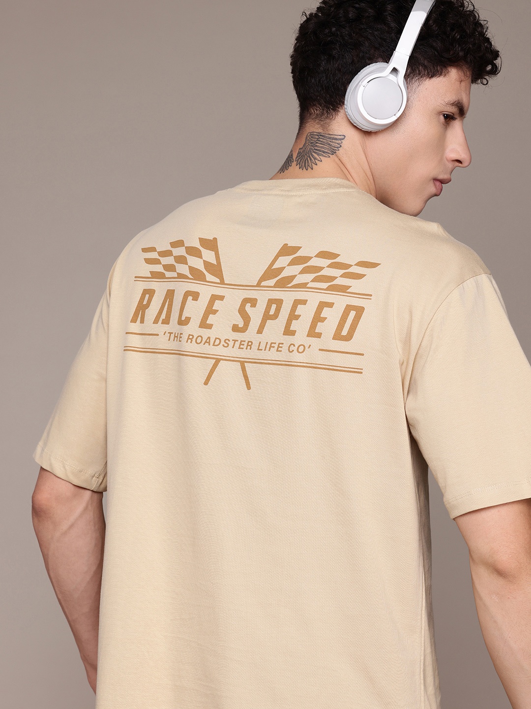 

The Roadster Lifestyle Co. Printed Drop-Shoulder Sleeves Pure Cotton T-Shirt, Beige