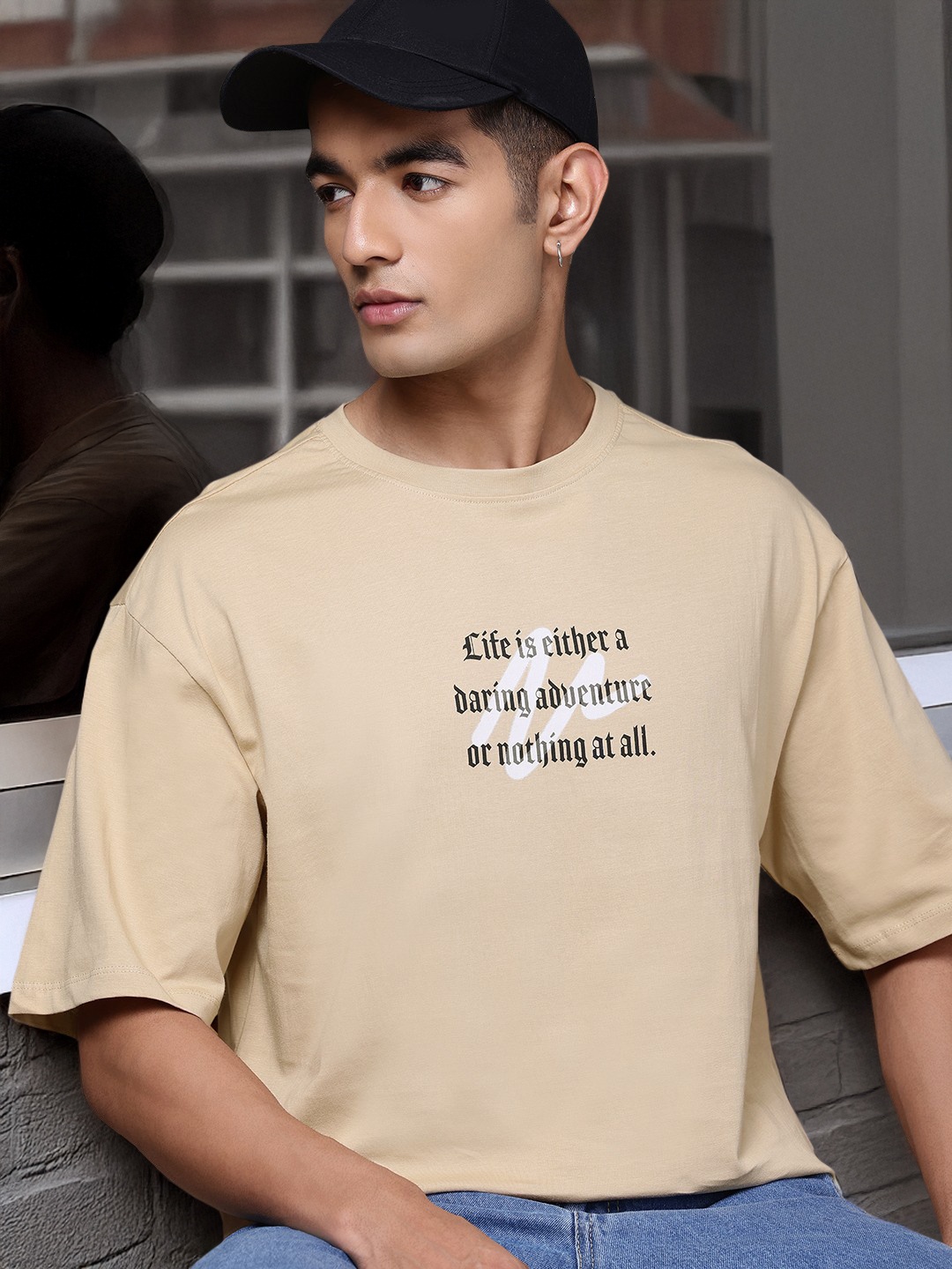 

Roadster Men Typography Printed Drop-Shoulder Sleeves Pure Cotton T-shirt, Beige