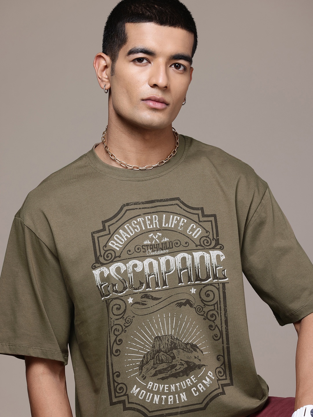 

The Roadster Lifestyle Co. Printed Relaxed Fit Pure Cotton T-shirt, Olive