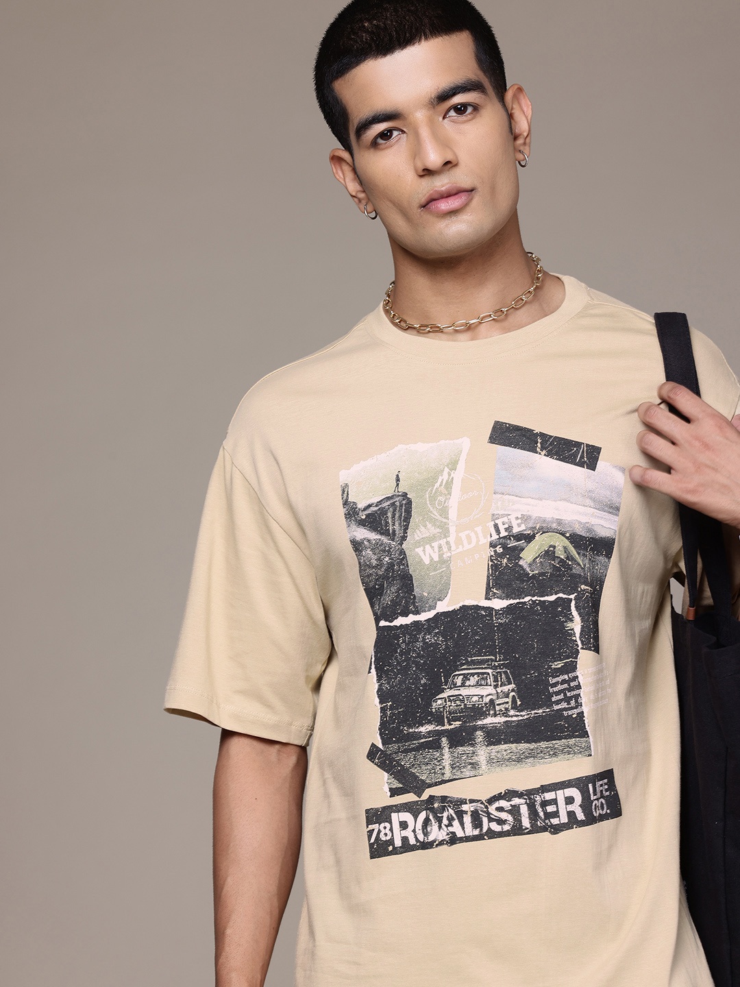 

Roadster Men Printed Drop-Shoulder Sleeves Pure Cotton T-shirt, Beige