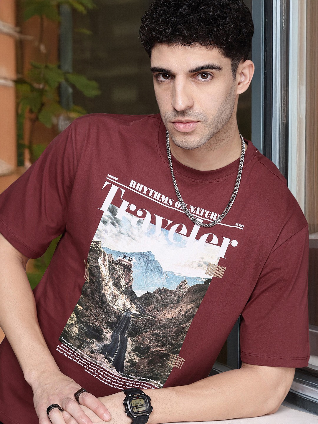 

The Roadster Life Co. Printed Relaxed Fit Pure Cotton T-shirt, Maroon