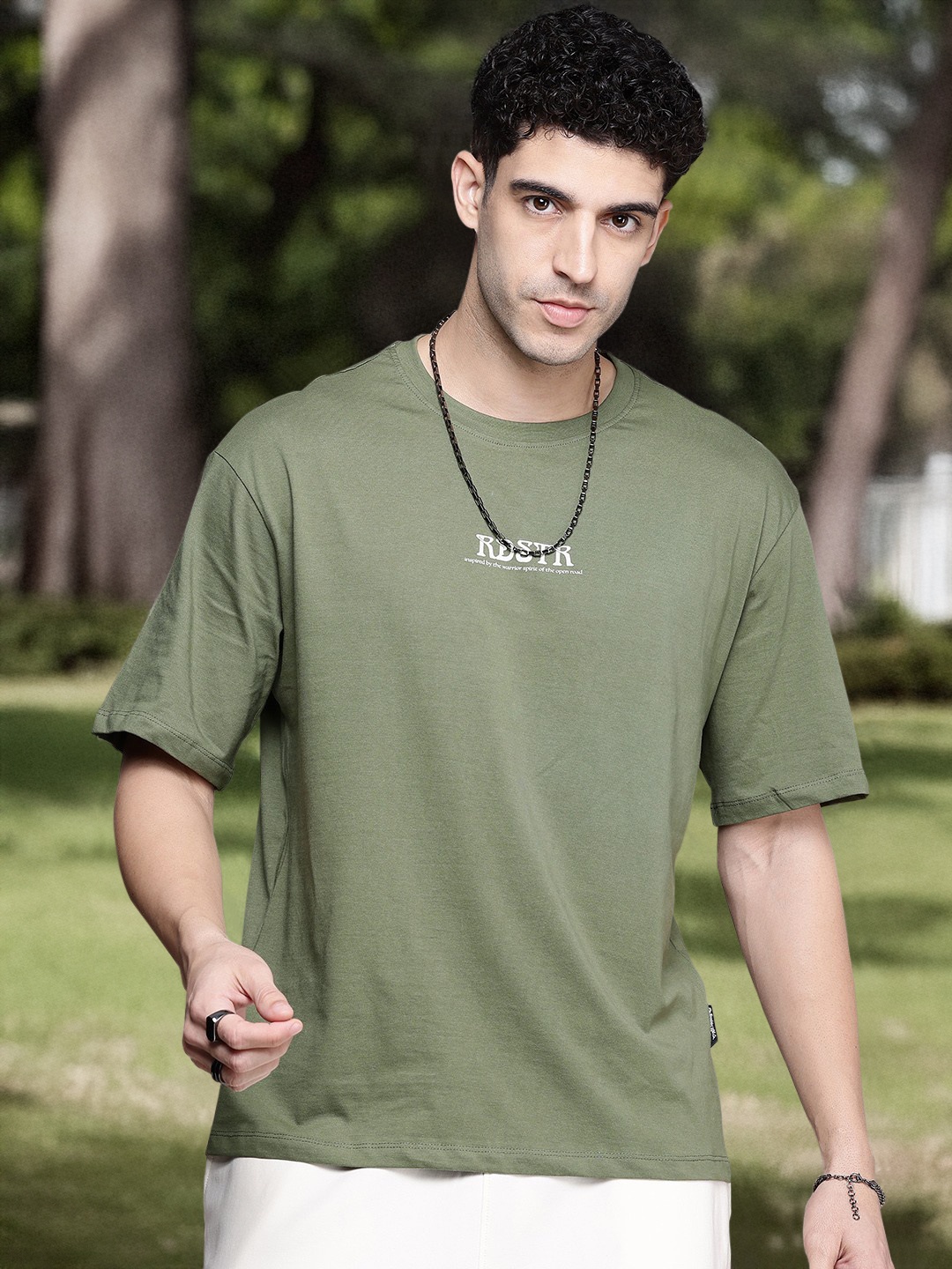 

The Roadster Life Co. Printed Relaxed Fit Pure Cotton T-shirt, Olive