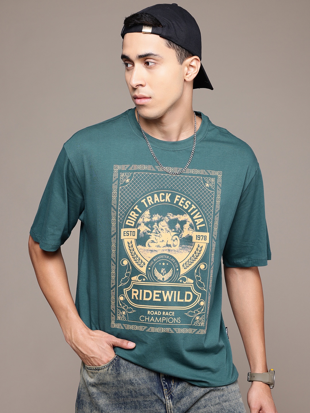 

The Roadster Lifestyle Co. Printed Relaxed Fit Pure Cotton T-shirt, Green