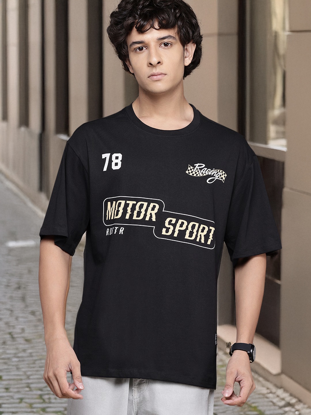 The Roadster Lifestyle Co. Typography Printed Drop-Shoulder Sleeves T-shirt, Black
