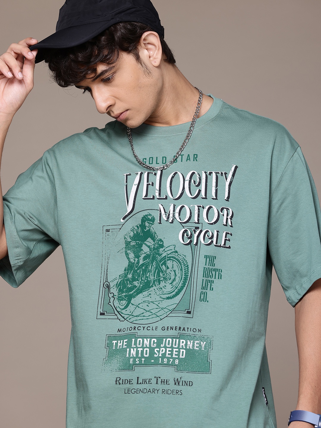 

The Roadster Lifestyle Co. Biker Printed Relaxed Fit Pure Cotton T-shirt, Sea green