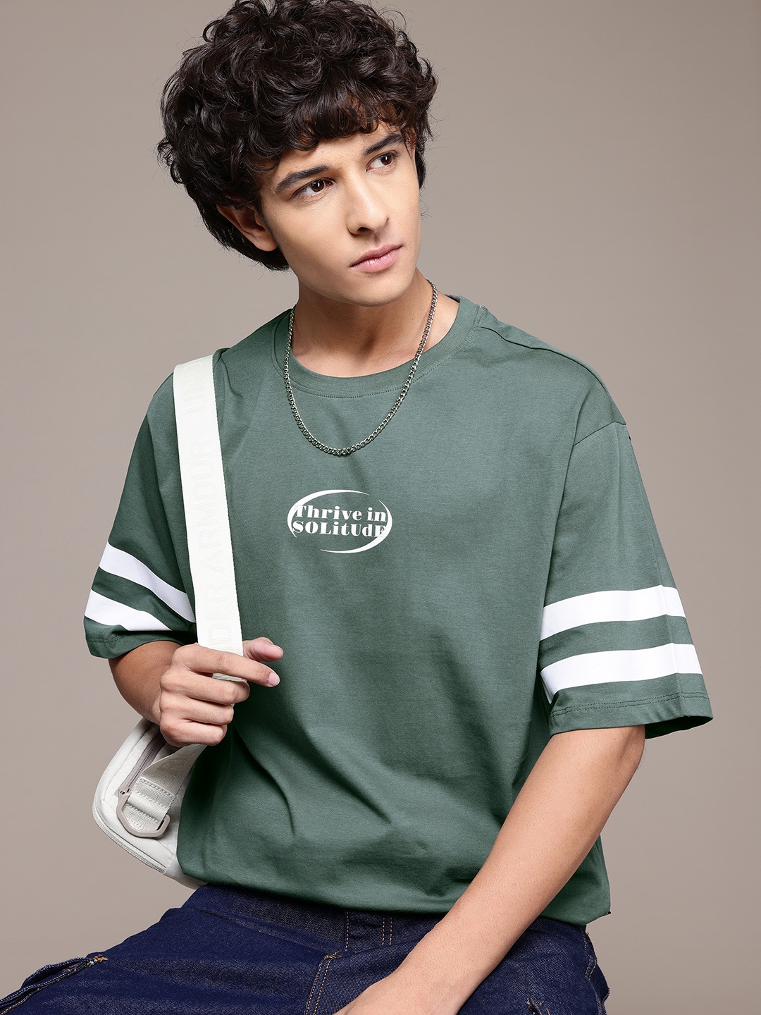 

The Roadster Lifestyle Co. Striped Sleeves Pure Cotton Relaxed T-shirt, Green