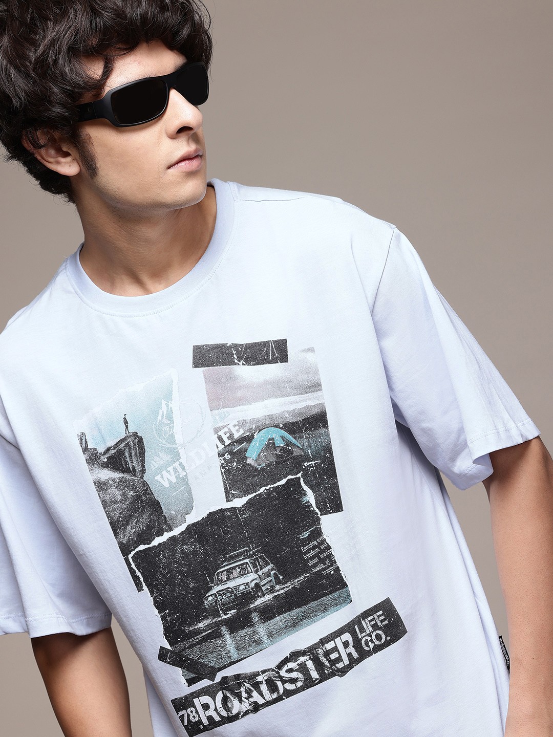

The Roadster Life Co. Graphic Printed Drop-Shoulder Sleeves Relaxed Fit T-shirt, Blue