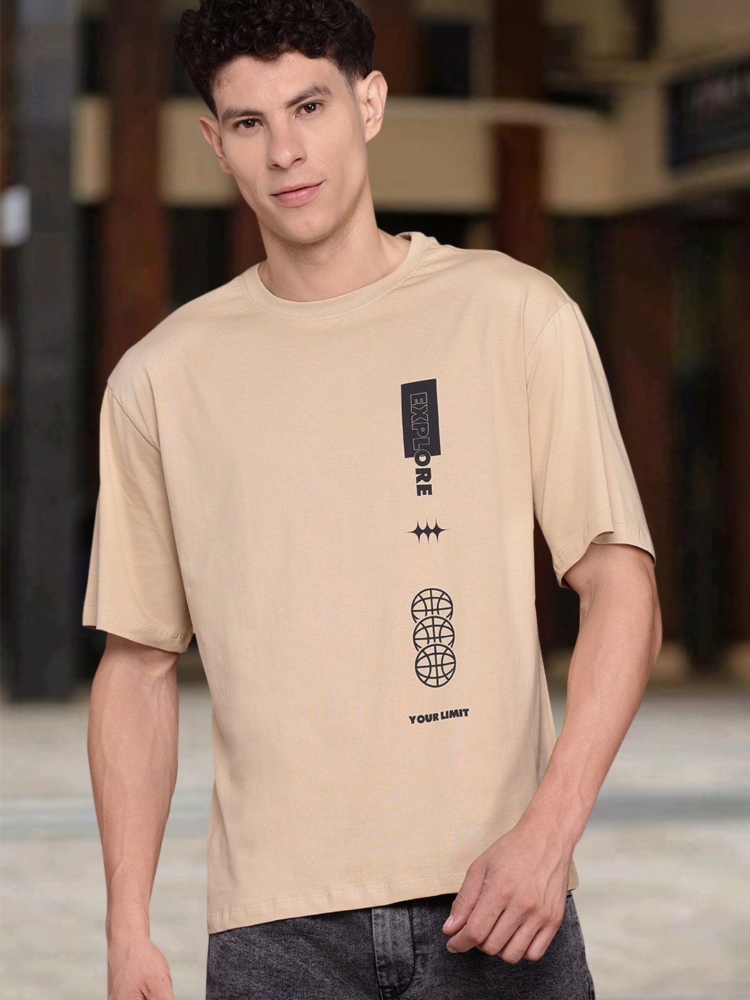 

The Roadster Lifestyle Co. Printed Drop-Shoulder Sleeves Pure Cotton T-Shirt, Beige