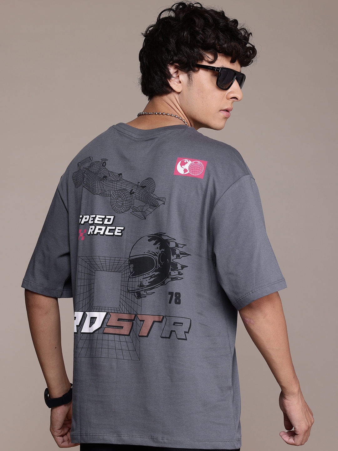 

The Roadster Lifestyle Co. Pure Cotton Graphic Print Drop-Shoulder Sleeves T-shirt, Grey