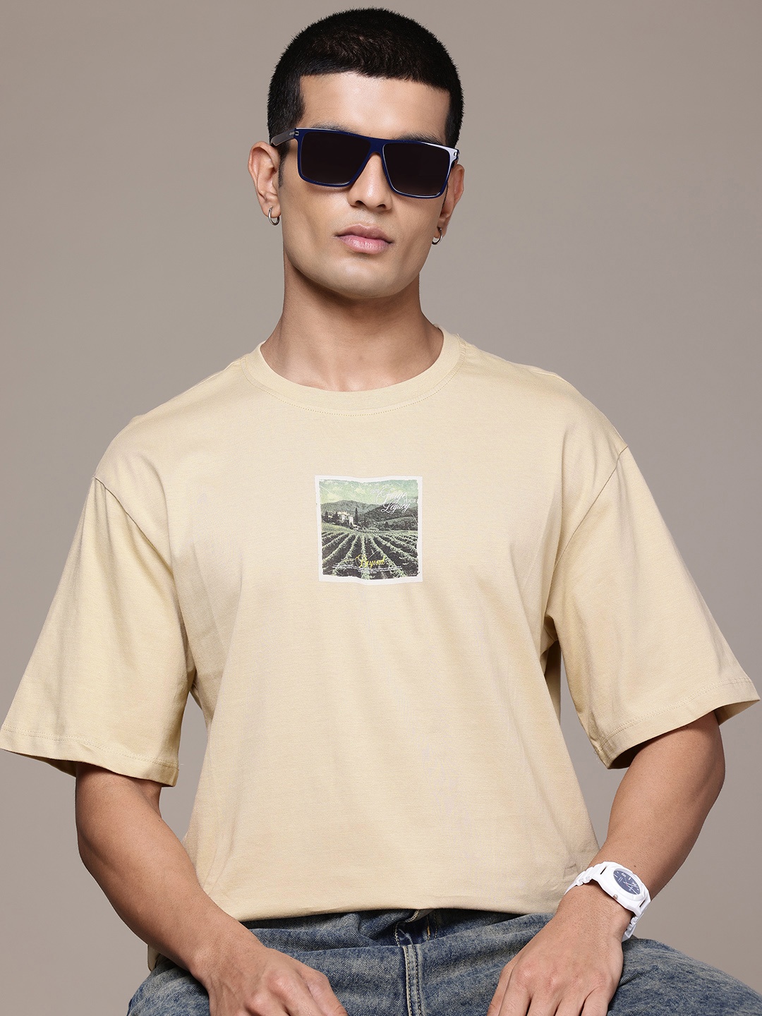

The Roadster Lifestyle Co. Printed Relaxed Fit Pure Cotton T-shirt, Beige