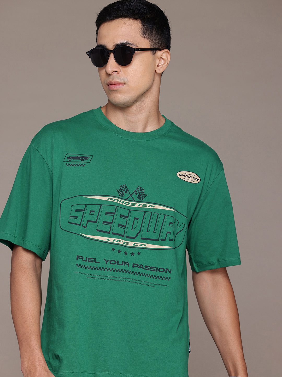 

The Roadster Lifestyle Co. Printed Drop-Shoulder Sleeves Pure Cotton Relaxed T-shirt, Green