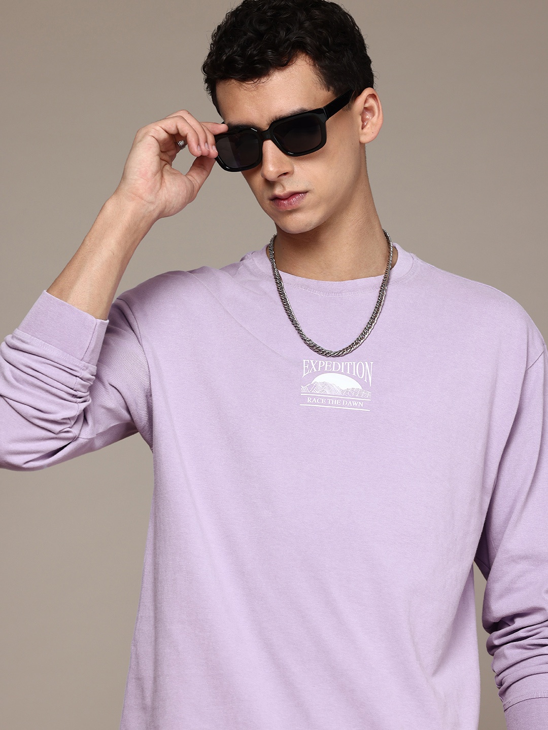 

The Roadster Life Co. Pure Cotton Drop-Shoulder Sleeves Relaxed Fit T-shirt, Purple