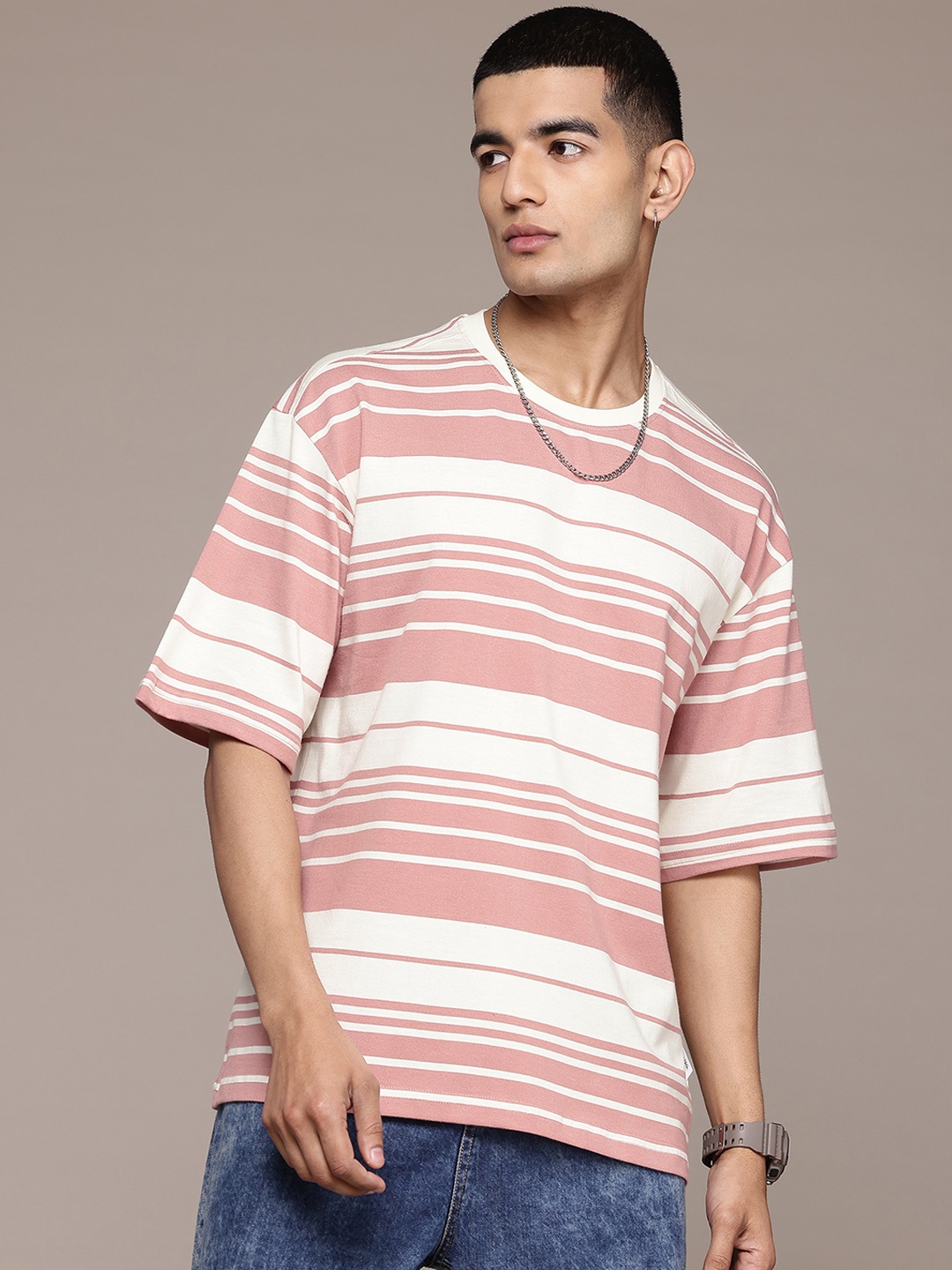 

The Roadster Lifestyle Co. Striped Drop-Shoulder Sleeves Relaxed T-shirt, White