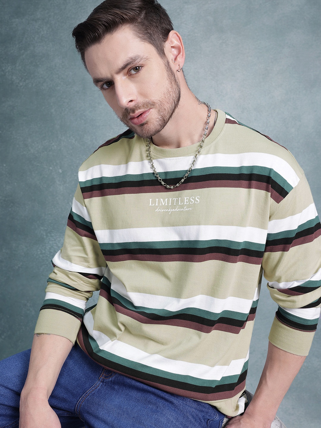 

The Roadster Life Co. Striped Drop-Shoulder Sleeves Relaxed T-shirt, Multi