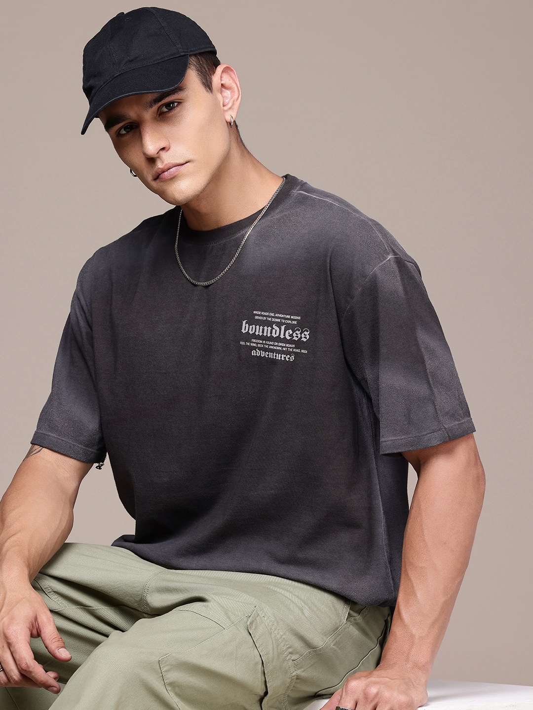 

The Roadster Life Co. Drop-Shoulder Washed Effect Pure Cotton Oversized T-shirt, Charcoal