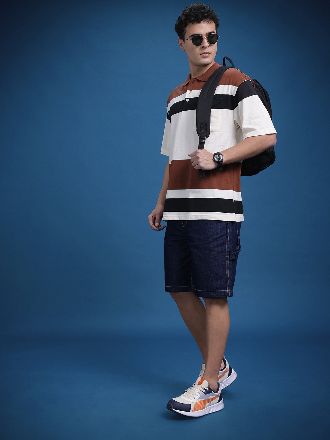 

The Roadster Life Co. Striped Polo Collar Drop-Shoulder Sleeves T-shirt, White