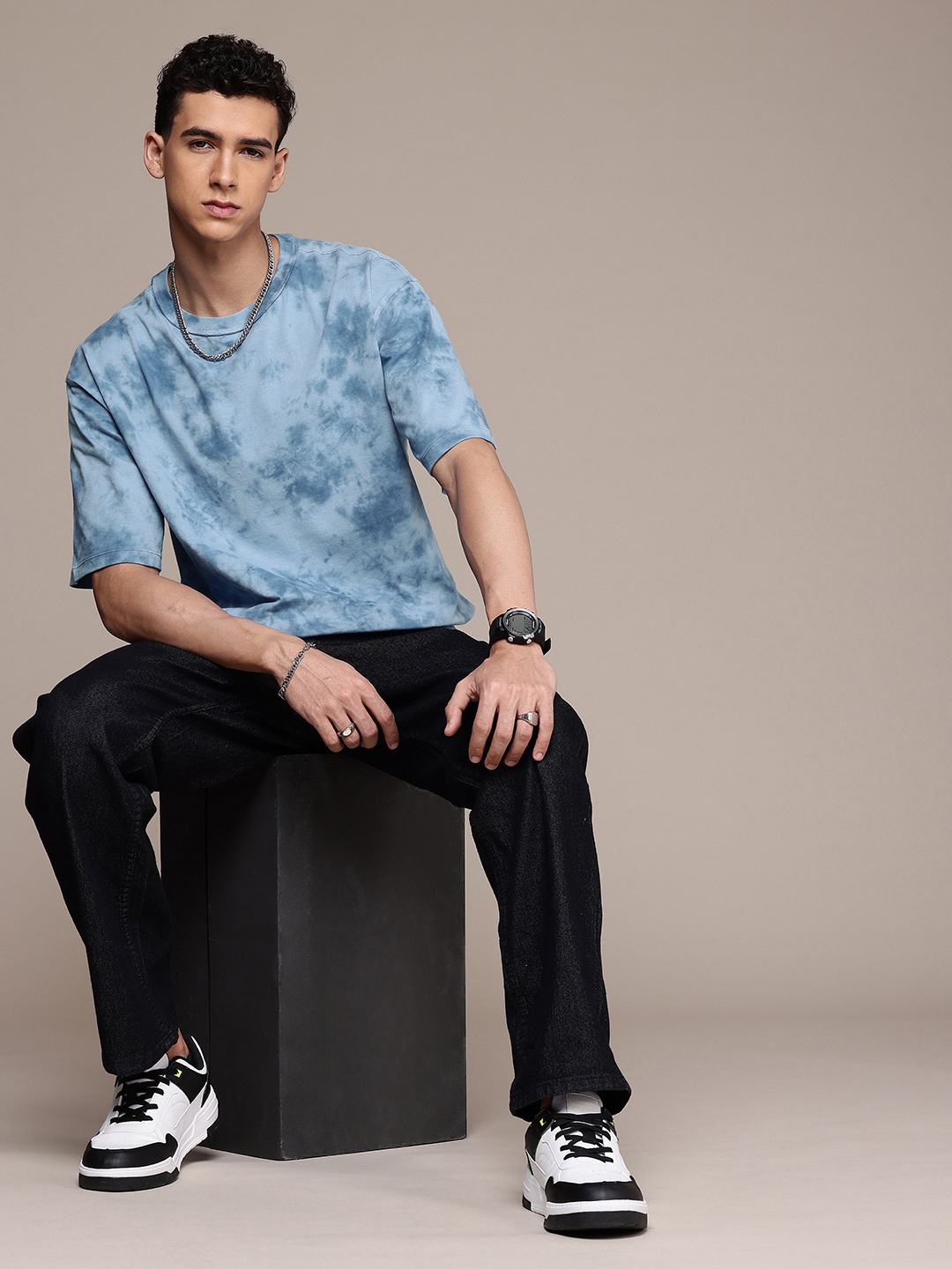 

The Roadster Life Co. Tie and Dye Drop-Shoulder Sleeves Pure Cotton T-shirt, Blue