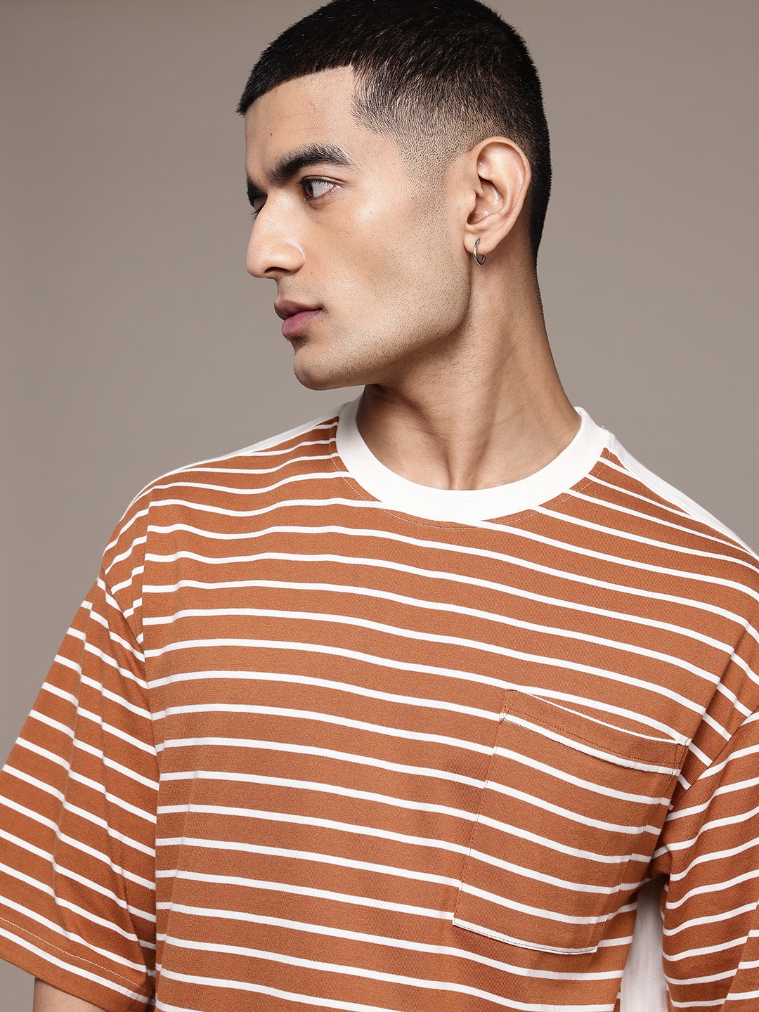 

The Roadster Lifestyle Co. Horizontally Striped Drop-Shoulder Sleeves Relaxed Fit T-shirt, Brown