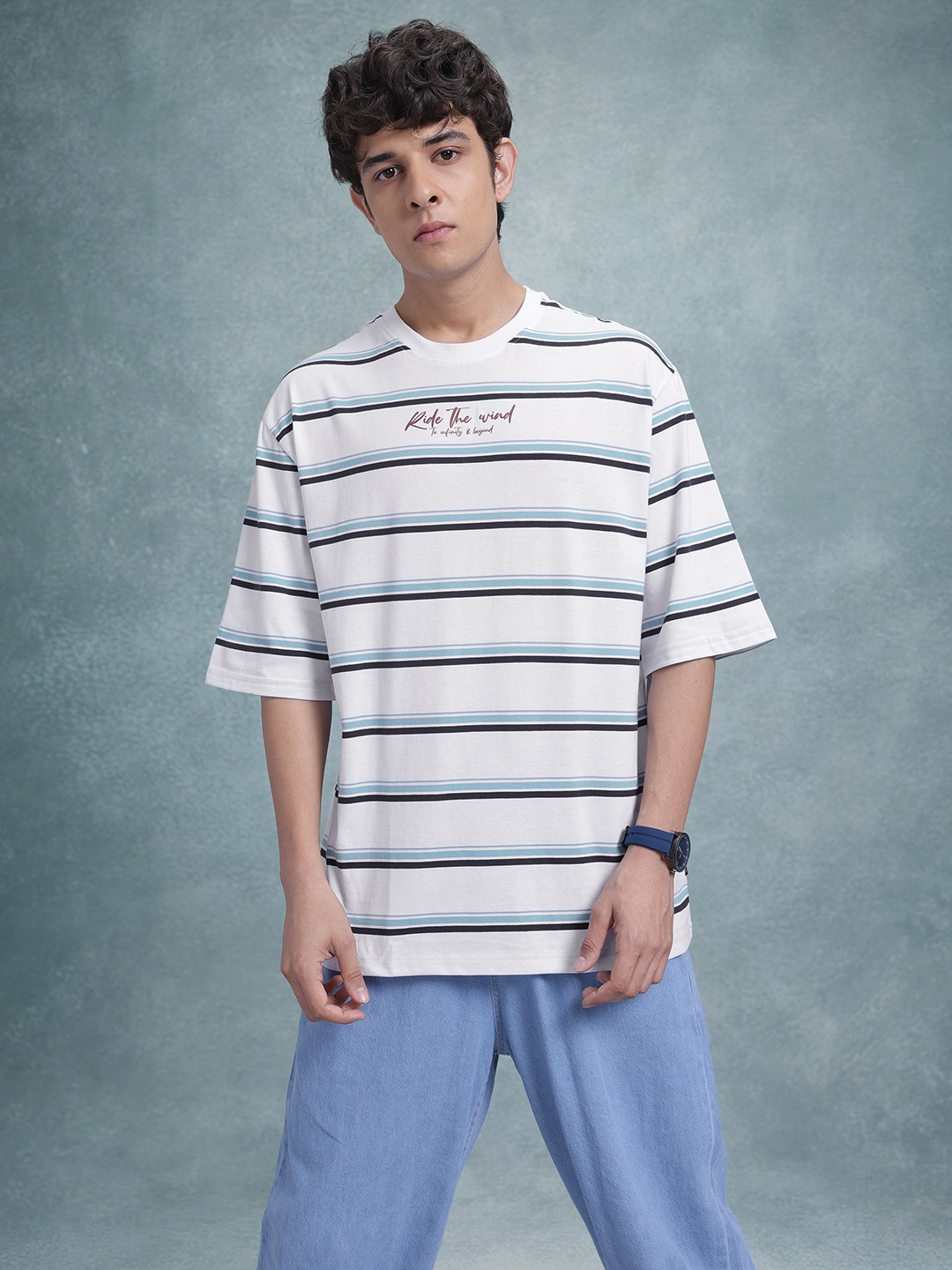 

The Roadster Life Co. Oversized Fit Printed Striped T-shirt, White