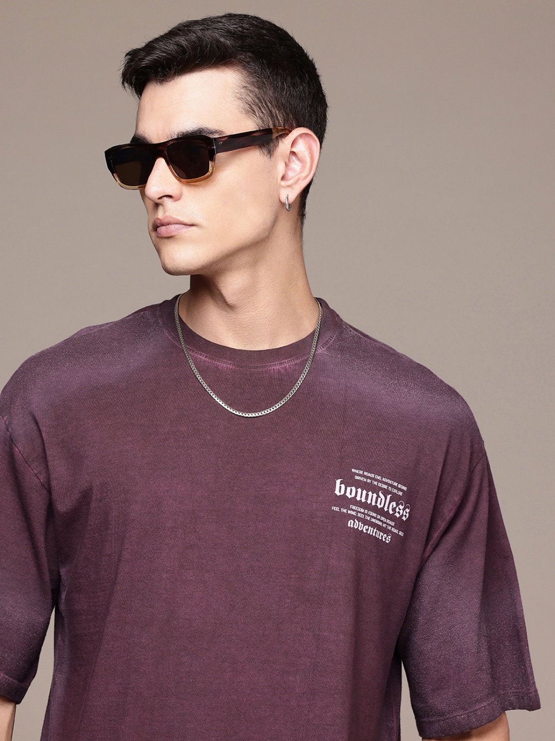 

The Roadster Life Co. Drop-Shoulder Sleeves Washed Effect Pure Cotton Oversized T-shirt, Purple