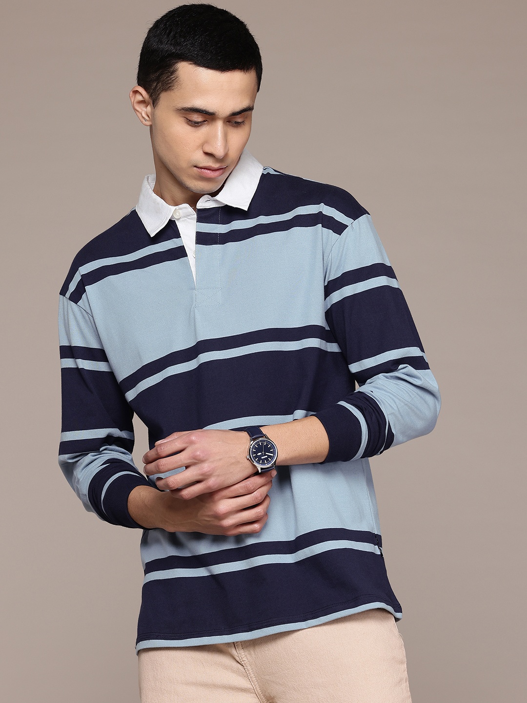 

The Roadster Lifestyle Co. Striped Polo Collar Relaxed Fit Pure Cotton T-shirt, Navy blue