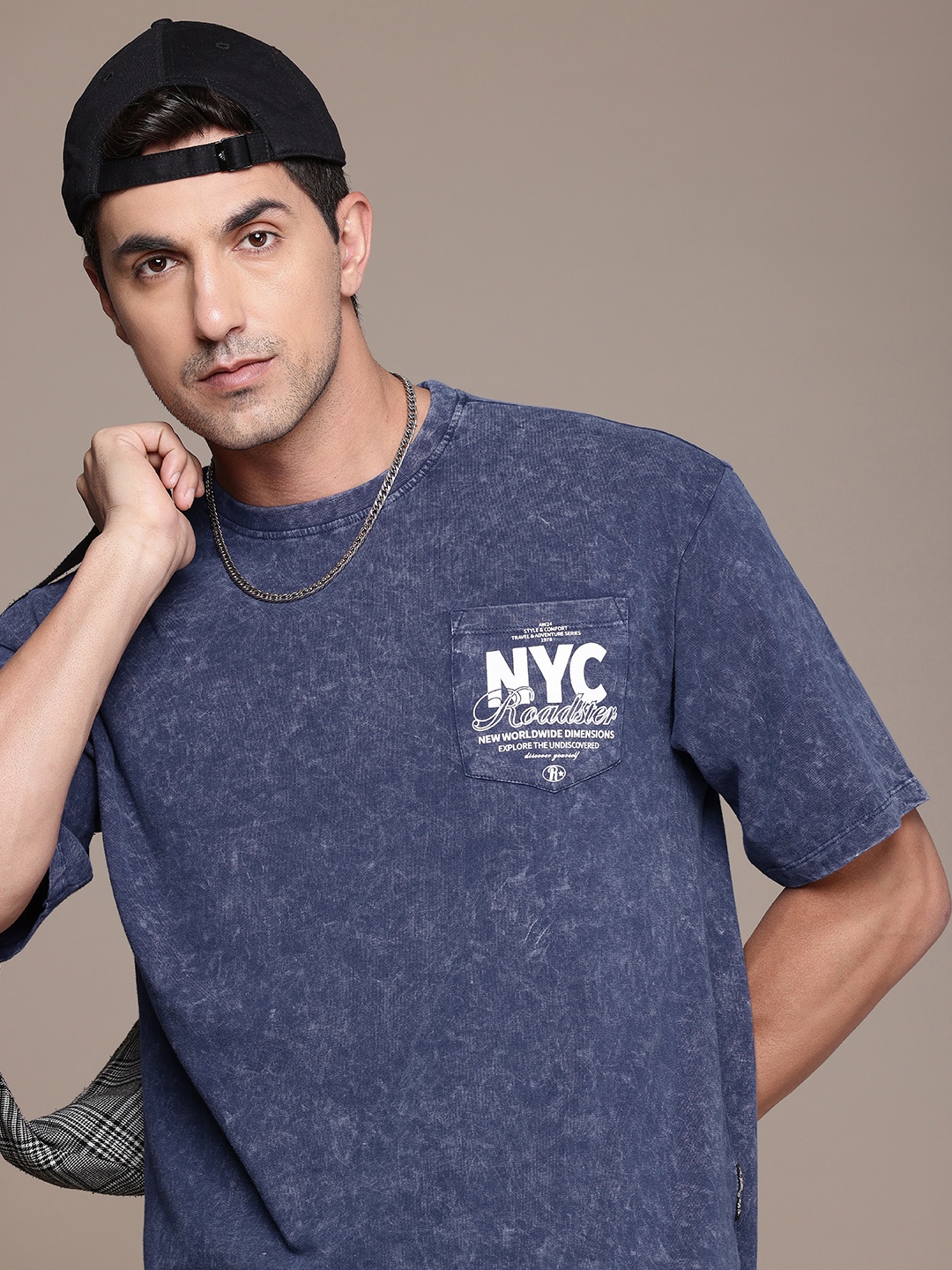 

The Roadster Life Co. Drop-Shoulder Sleeves Washed Effect Pure Cotton Relaxed Fit T-shirt, Blue