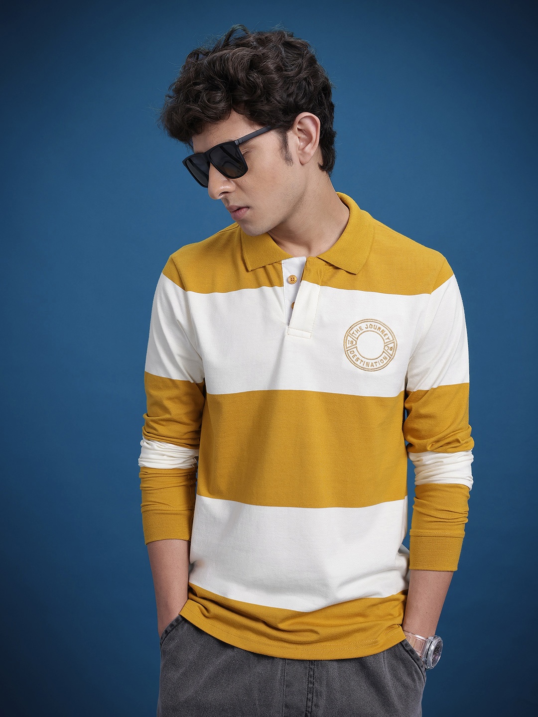 

The Roadster Life Co. Men Striped Polo Collar T-shirt, Mustard