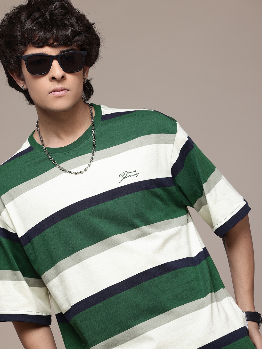 

The Roadster Lifestyle Co. Horizontally Striped Drop-Shoulder Sleeves Relaxed Fit T-shirt, Cream