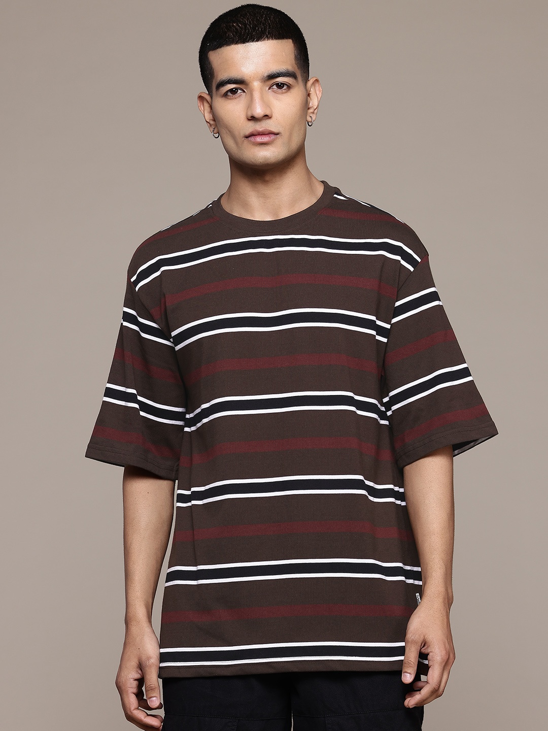 

The Roadster Lifestyle Co. Horizontally Striped Drop-Shoulder Sleeves Oversized T-shirt, Brown