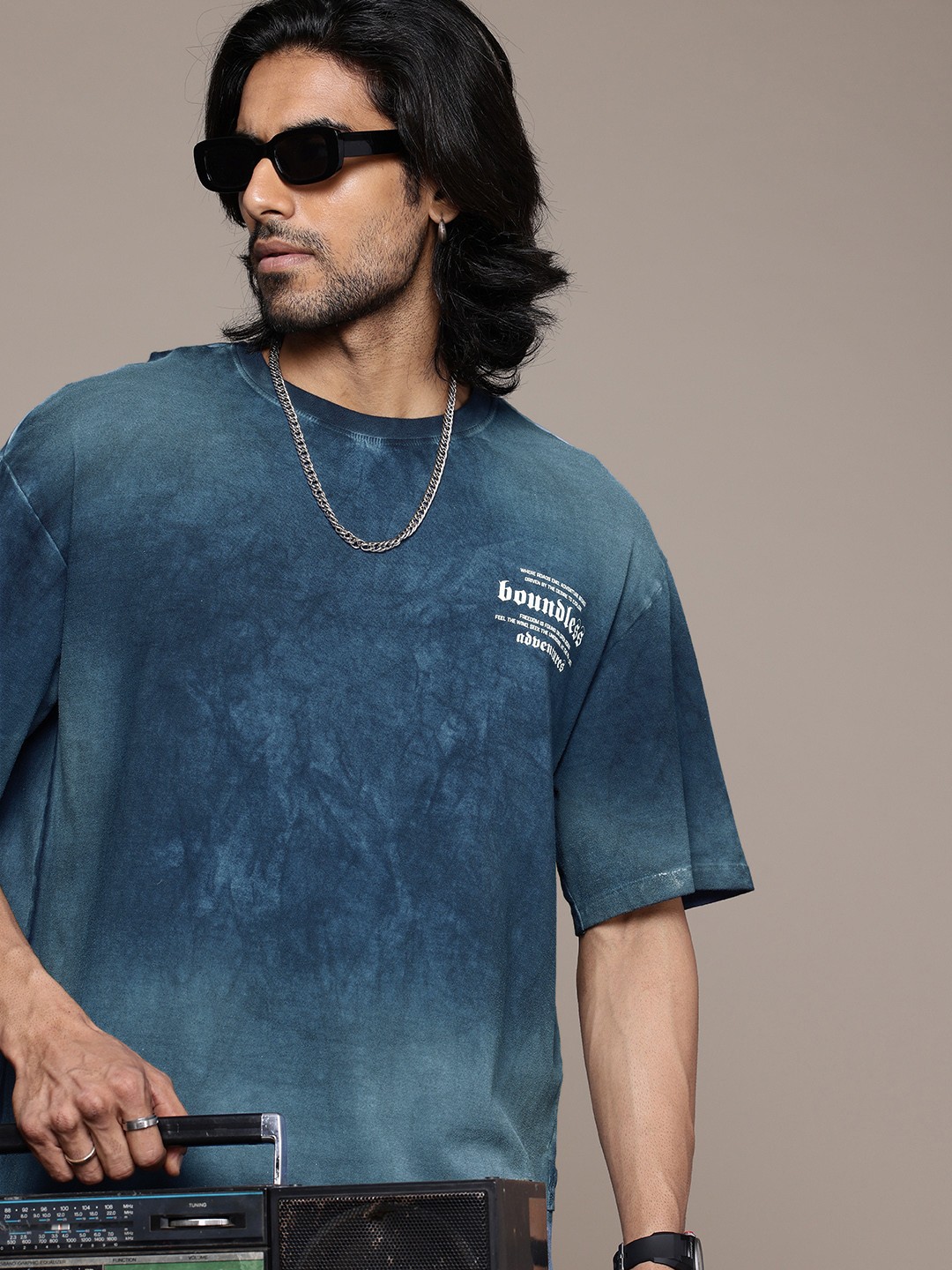 

The Roadster Life Co. Pure Cotton Typography Printed Oversized Washed T-shirt, Blue