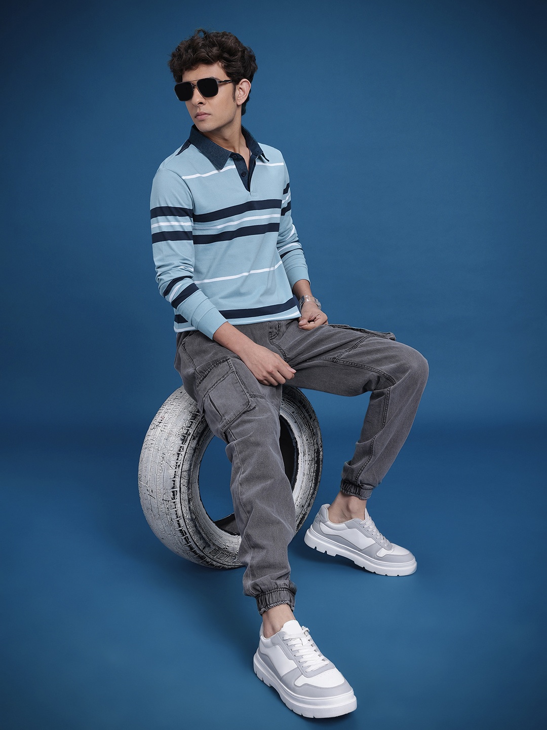 

The Roadster Life Co. Men Striped Polo Collar T-shirt, Blue