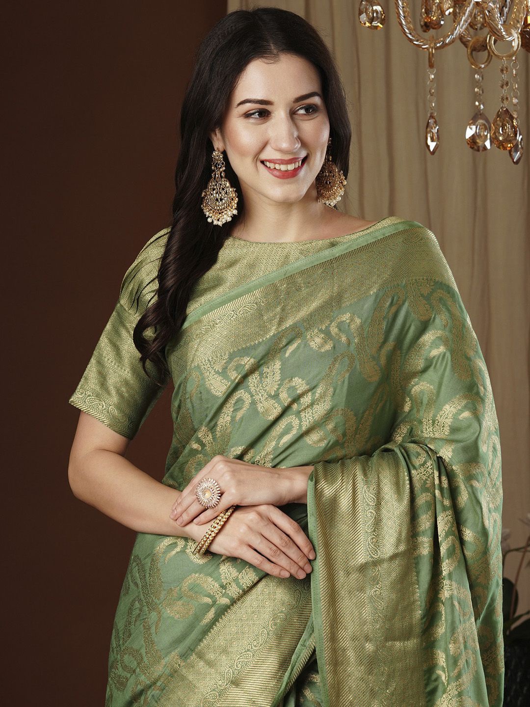 

Anouk Ethnic Motif Zari Woven Kanjeevaram Saree, Olive