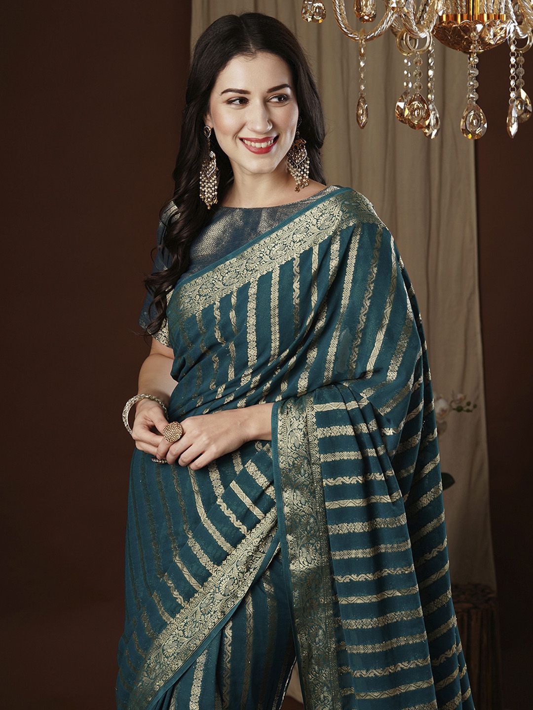 

Anouk Zari Woven Striped Pure Georgette Kanjeevaram Saree, Teal
