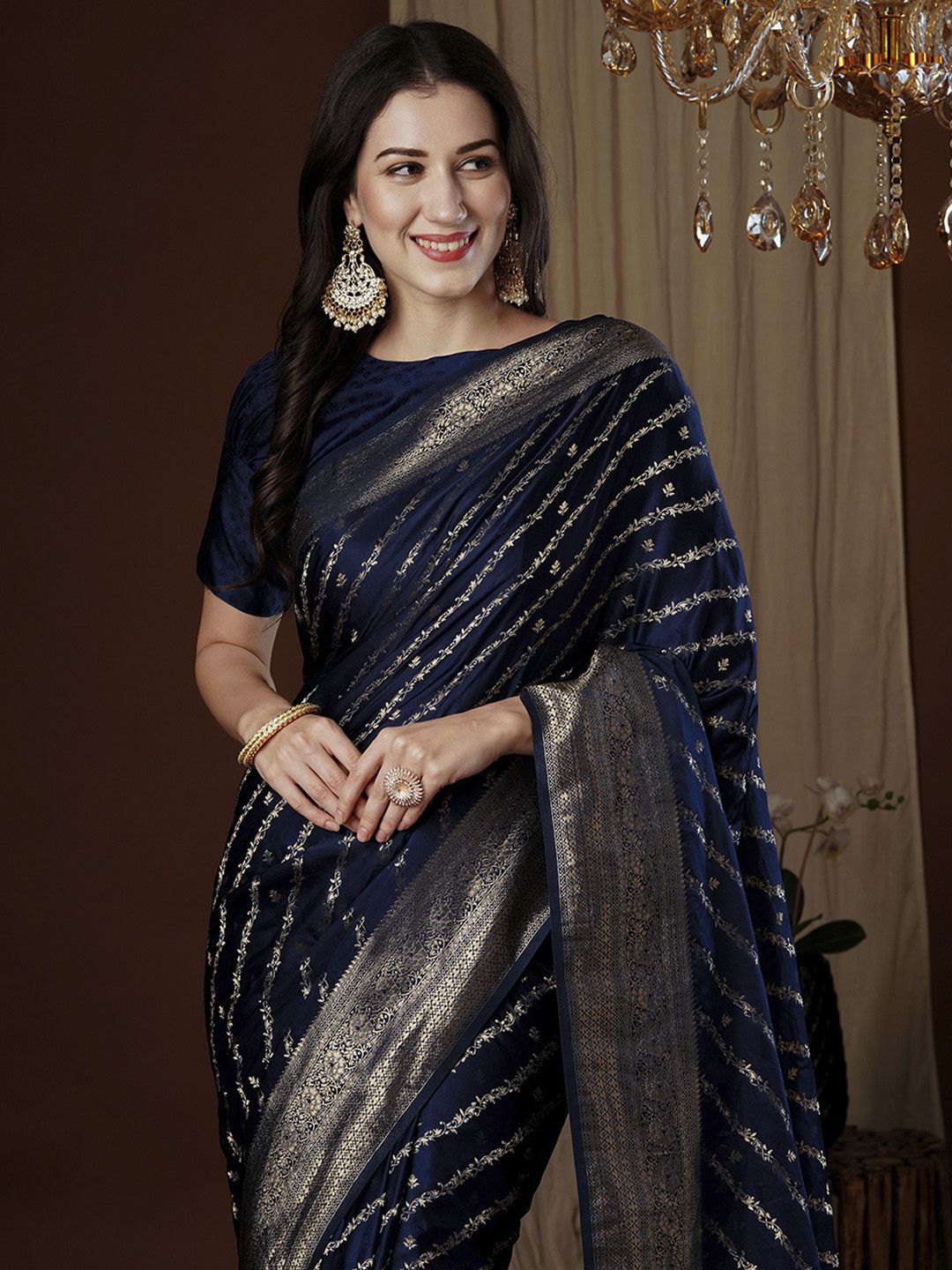 

Anouk Ethnic Motifs Zari Satin Saree, Navy blue