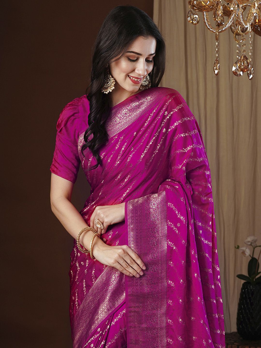 

Anouk Woven Design Zari Satin Kanjeevaram Saree, Pink