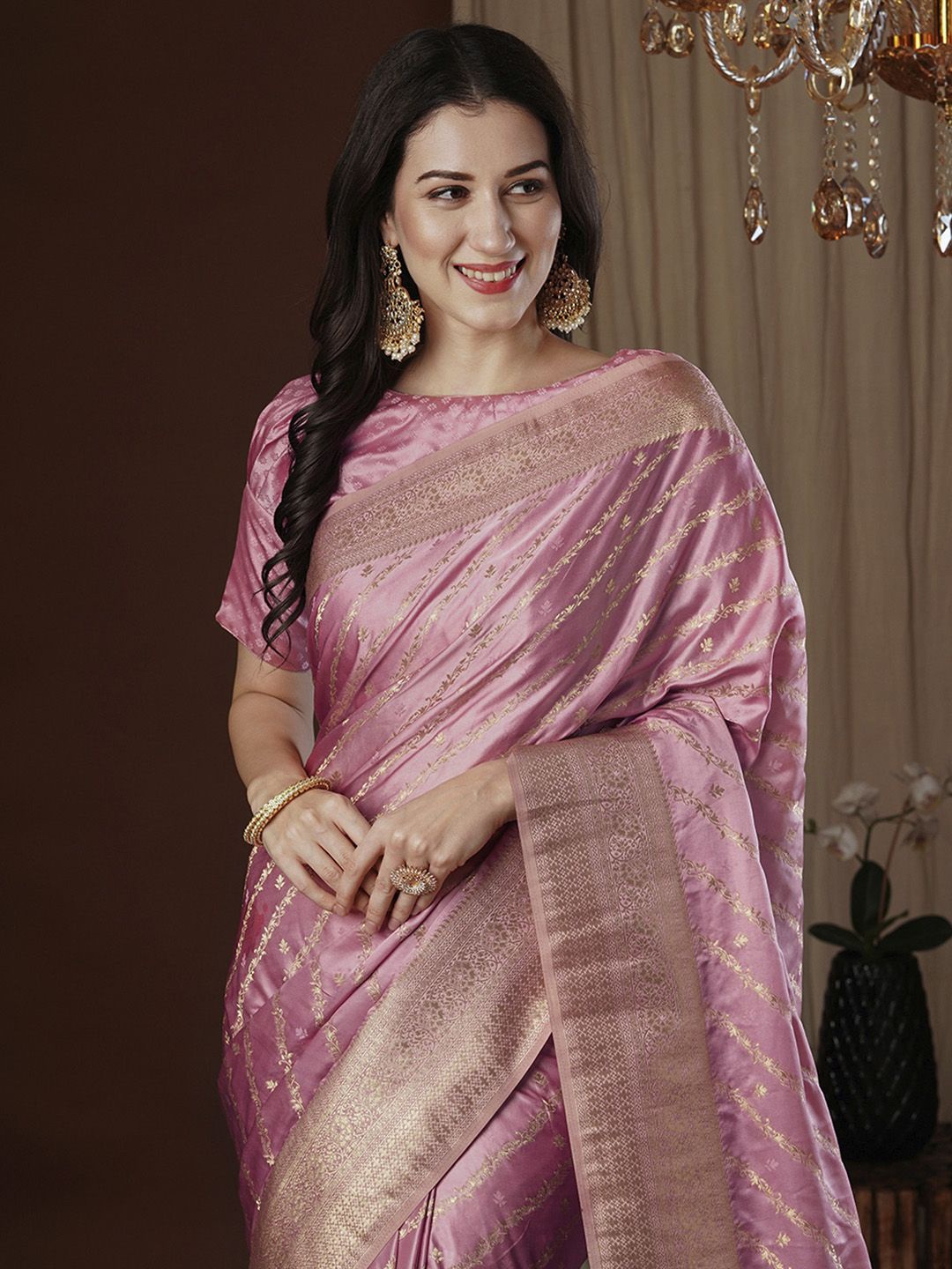 

Anouk Ethnic Motifs Zari Satin Kanjeevaram Saree, Pink