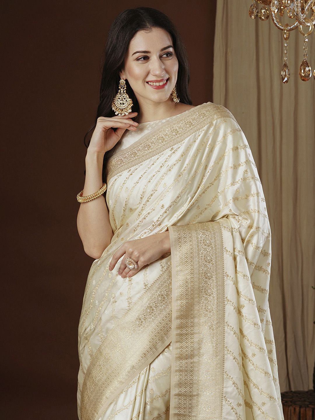 

Anouk Ethnic Motifs Zari Satin Saree, Off white