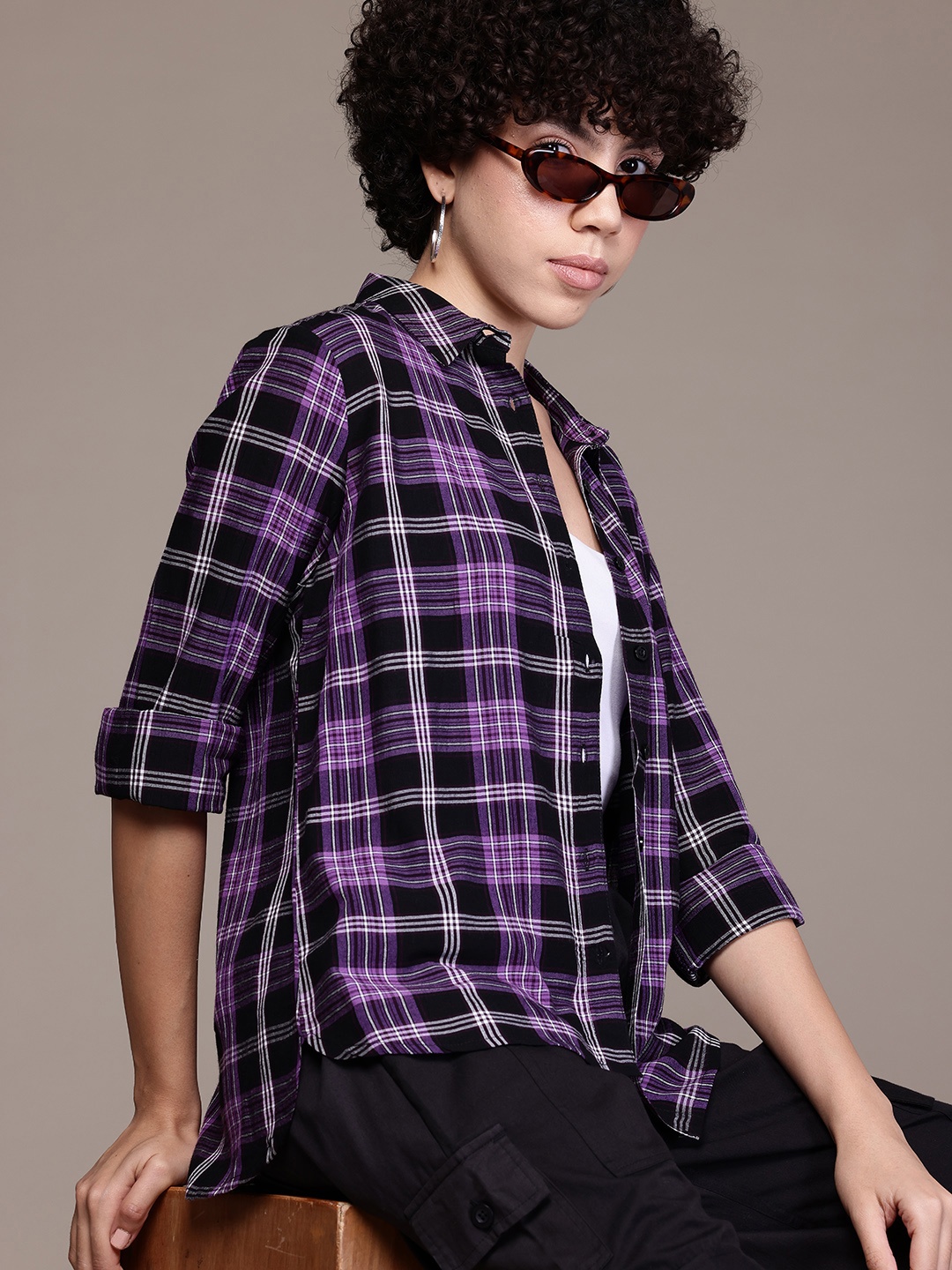 

The Roadster Lifestyle Co. Longline Tartan Checked Casual Shirt, Blue